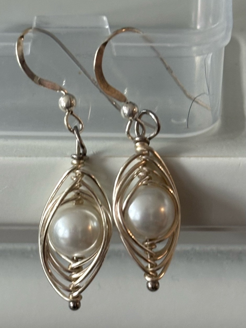 Elegant Pearl Drop Wire-Wrapped Earrings - Silver Tone